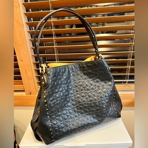 Coach Black Signature Leather Edie 31 Shoulder Bag Purse with Brass Rivets